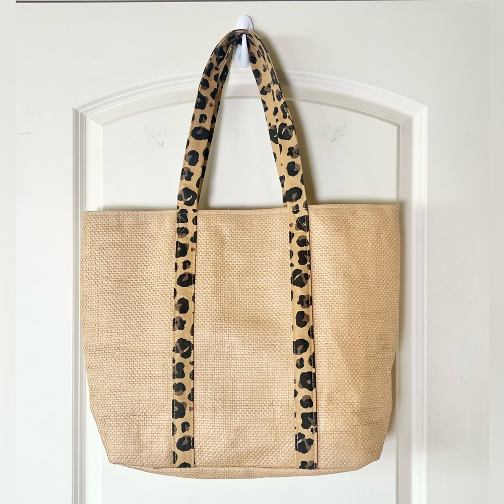 Mud Pie Straw Beach Tote Bag Leopard Print Straps with Sun Hat Holder - Picture 2 of 9